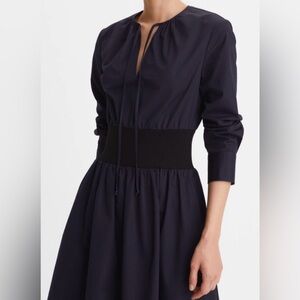 Tory Burch Navy Long-Sleeve Tie-Neck Dress with Smocked Waist